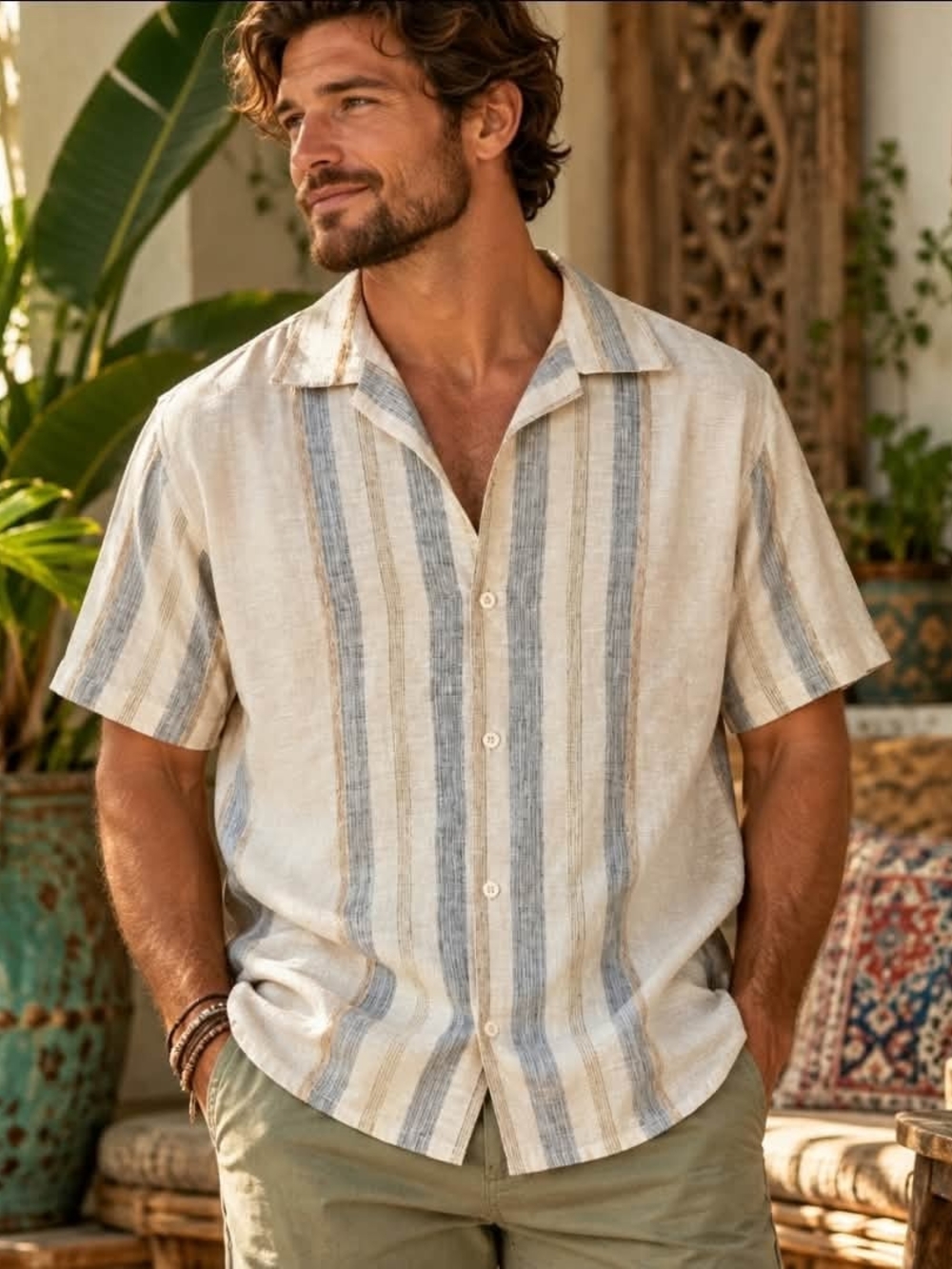 Pronti Men’s L Striped Camp Collar Shirt | Coastal Boho Resortwear 90s
